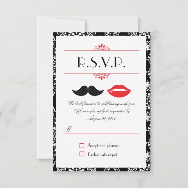 Bigote y Labios Rojo, Negro y Blanco Damask RSVP (Anverso)