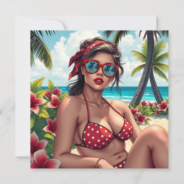 Bikini rojo, gafas de sol y mujer andana en blanco (Anverso)