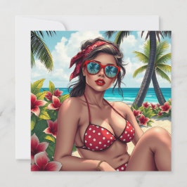 Bikini rojo, gafas de sol y mujer andana en blanco