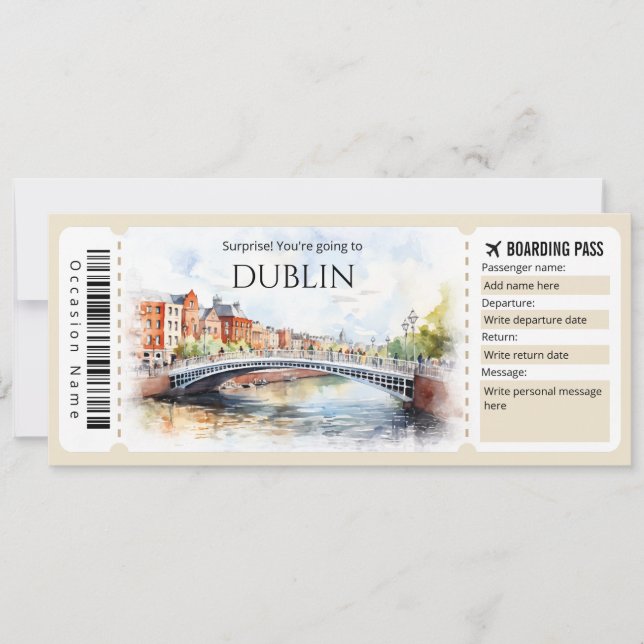 Billete de avión editable de Dublín con tarjeta de (Anverso)