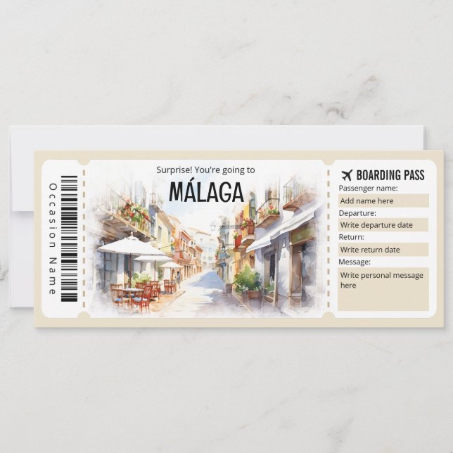 Billete de avión editable de Málaga con tarjeta de (Anverso)