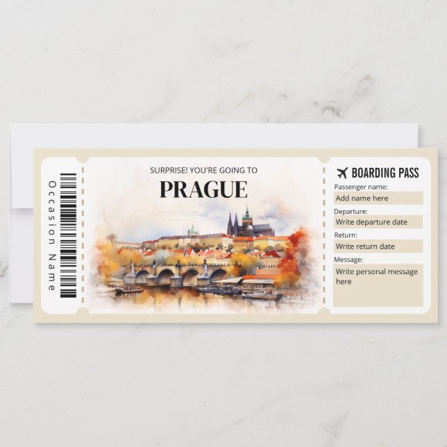 Billete de avión editable de Praga con tarjeta de  (Anverso)