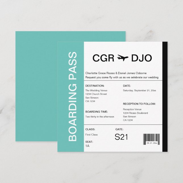 Billete de Boda de tarjetas de embarque (Anverso / Reverso)