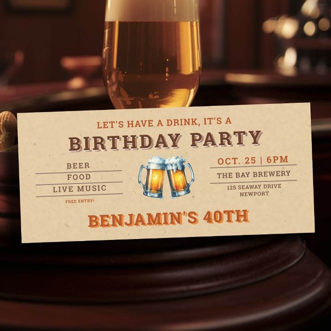 Billete de cervecería temática de cerveza 40 años  (men's 40th birthday party invitation beer themed brewery backyard oktoberfest)