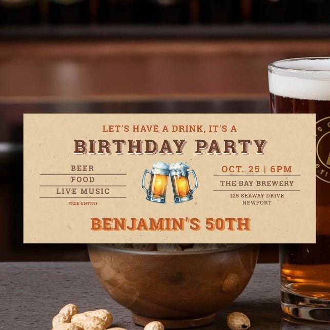Billete de cervecería temática de cerveza 50 años  (men's 50th birthday party invitation beer themed brewery backyard oktoberfest kraft rustic)