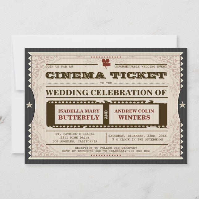 Billete de cine - Invitación a la boda en gris (Anverso)