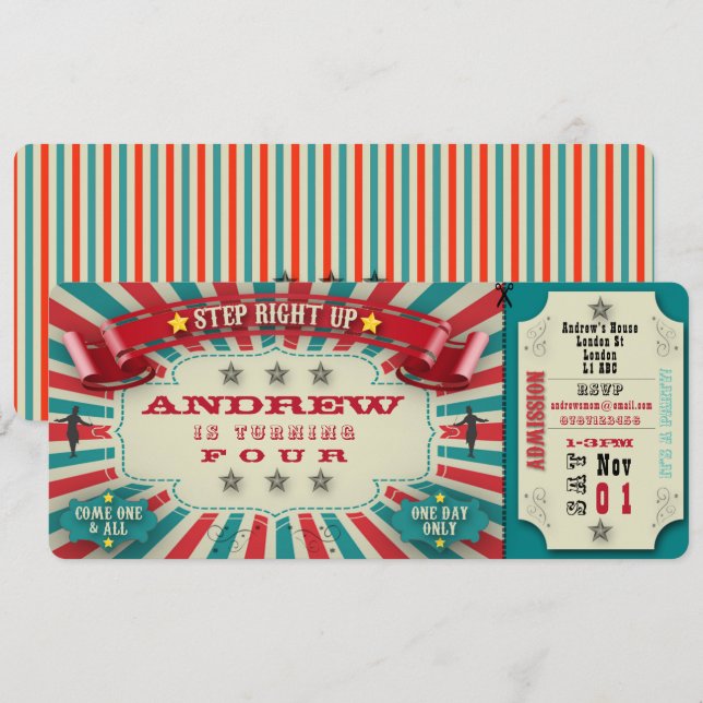Billete de Circo de Invitación de Cumpleaños - per (Anverso / Reverso)