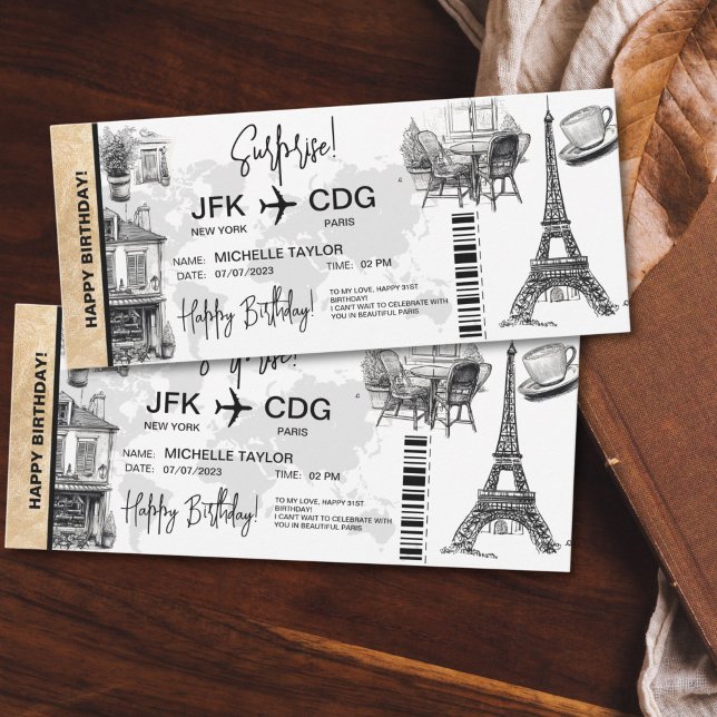 Billete de tarjeta de embarque para cumpleaños sor (paris themed doodles surprise boarding pass ticket)