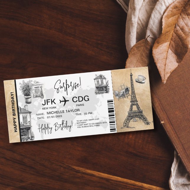 Billete de tarjeta de embarque para cumpleaños sor (CUTE DOODLE WHIMSICAL PARIS SURPRISE BOARDING PASS TICKET)