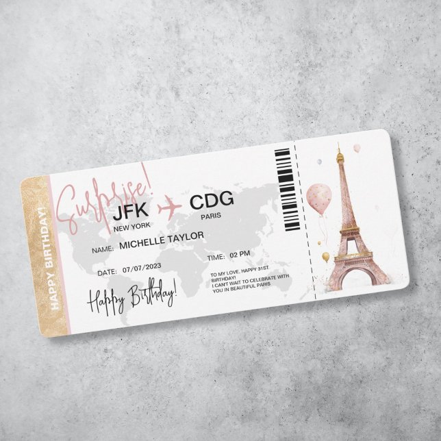 Billete de tarjeta de embarque para cumpleaños sor (tour eiffel with pink balloons, boarding pass surprise invitation)