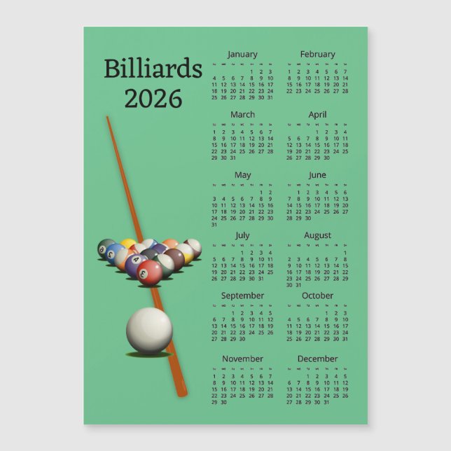 Billiards Pool 2026 Calendar Magnetic Card (Anverso)