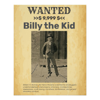 Billy the Kid 🤠 WANTED REWARD Poster