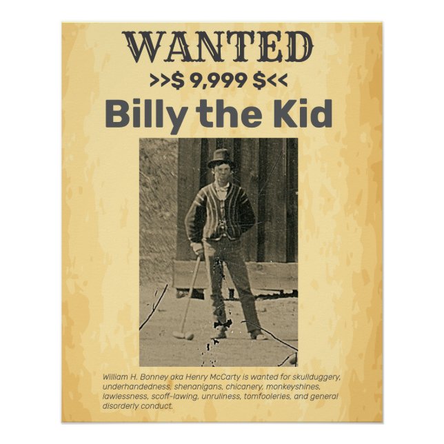 Billy the Kid 🤠 WANTED REWARD Poster (Anverso)