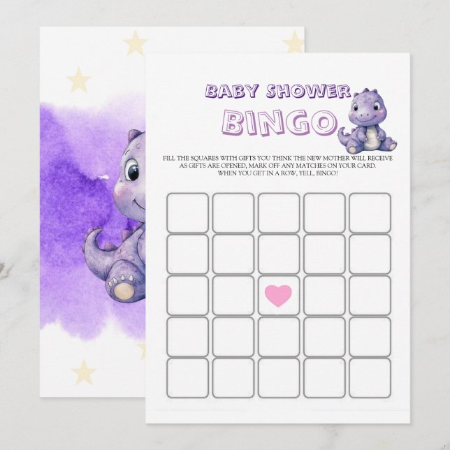 Bingo Baby Shower de Dinosaurio Púrpura (Anverso / Reverso)