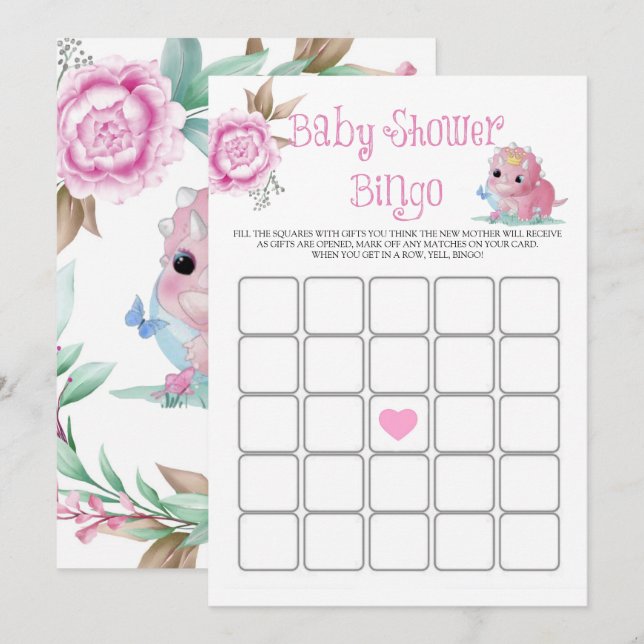 Bingo Baby Shower Peony de Dinosaurio Rosa (Anverso / Reverso)