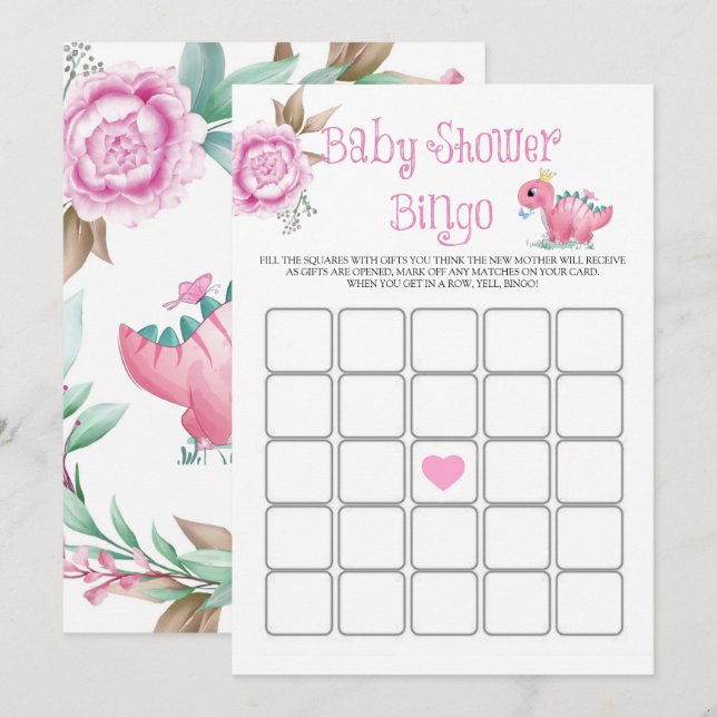 Bingo Baby Shower Peony de Dinosaurio Rosa (Anverso / Reverso)