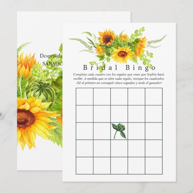 Bingo de ducha de novia con girasol (Anverso / Reverso)