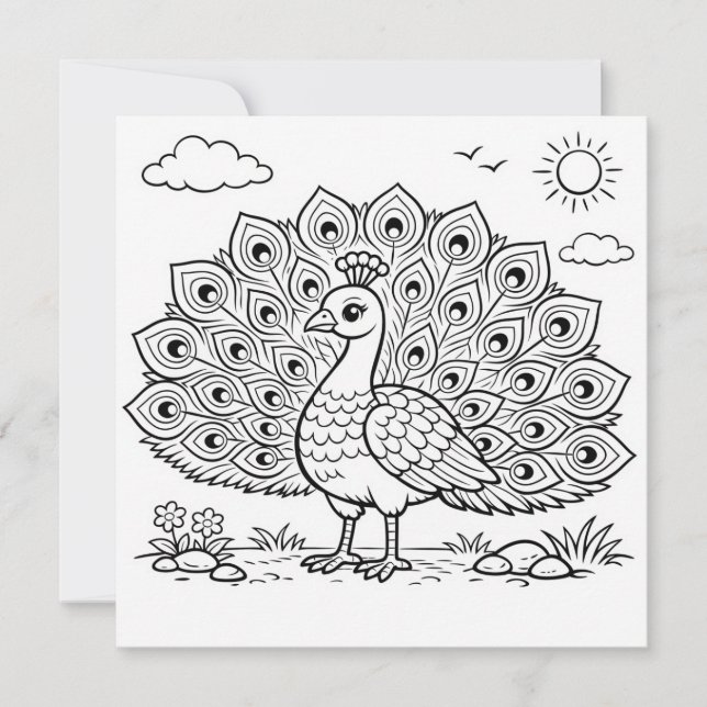 Bird Coloring Page Peacock Flat Card (Anverso)