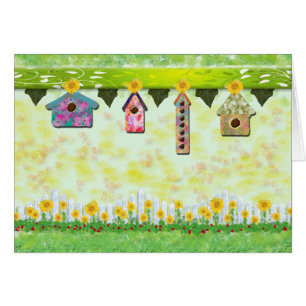 Birdhouses en tarjeta de la primavera