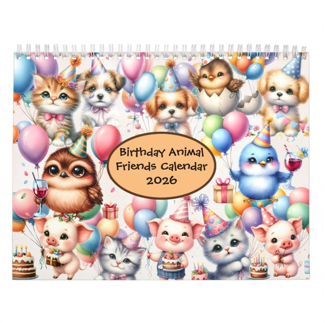 Birthday Animal Friends 2026 Calendario 12 meses (Tapa)