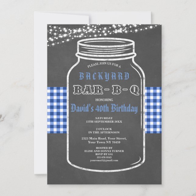 Birthday BARBEQUE Mason Jar Gingham Invitación (Anverso)