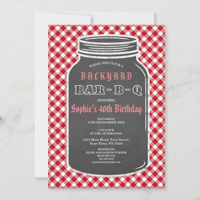 Birthday BARBEQUE Mason Jar Gingham Invitación (Anverso)