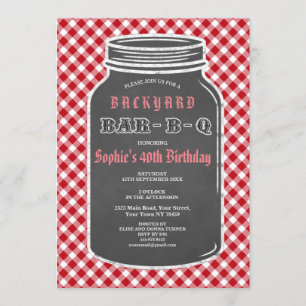 Birthday BARBEQUE Mason Jar Gingham Invitación