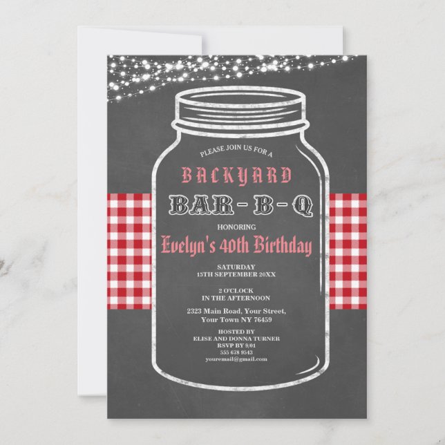 Birthday BARBEQUE Mason Jar Red Gingham Invitación (Anverso)