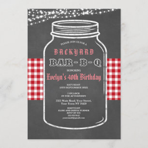 Birthday BARBEQUE Mason Jar Red Gingham Invitación