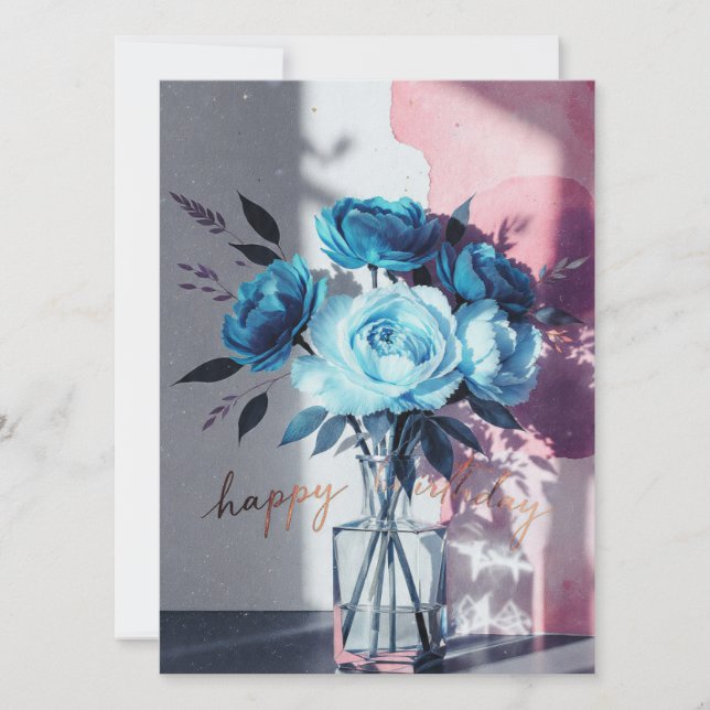 birthday cards blue modern flowers pink watercolor (Anverso)