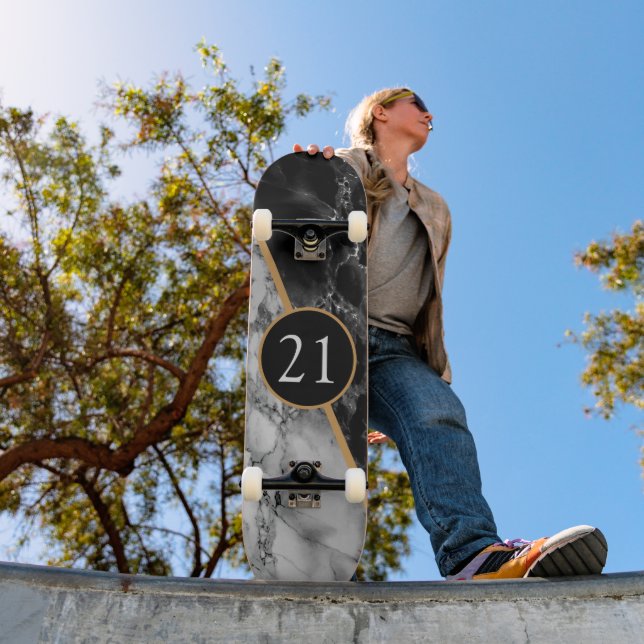 Birthday Gift Skateboard Black White Check Marble (Exterior 1)