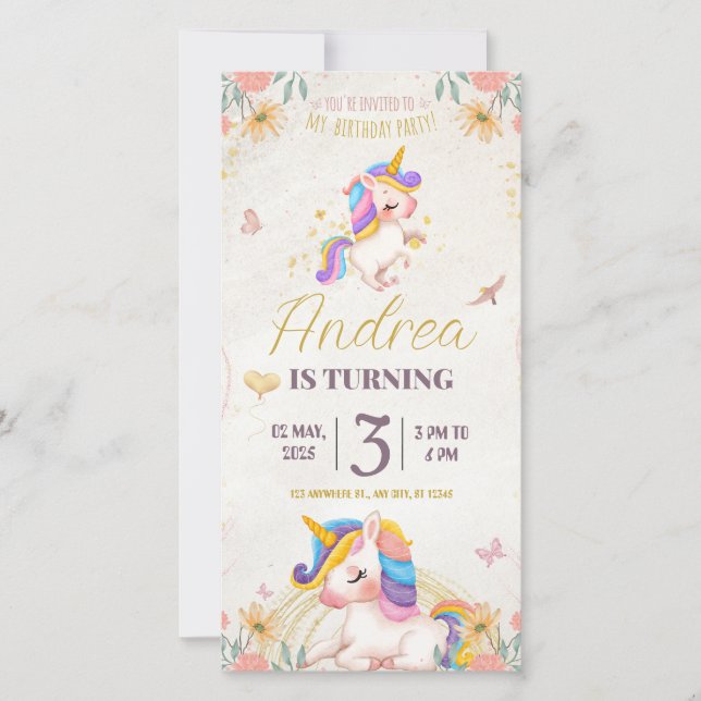 Birthday invitation card. Unicorn for Girls (Anverso)