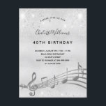 Birthday silver music notes 40ª invitación<br><div class="desc">Una moderna carta de invitación a la fiesta de cumpleaños número 40. Un fondo falso de aspecto plateado, con notas musicales, letras de color negro. Decorado con un polvo falso purpurina. Personalice y agregue un nombre e información de fiesta. Fondo plateado, diseño postal. Sugerencia: Si no desea que se vea...</div>
