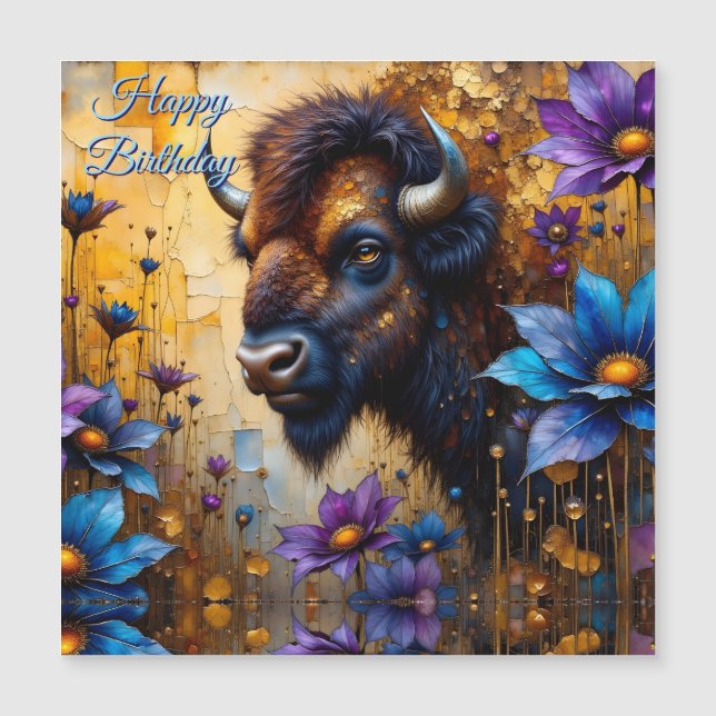 Bisonte Americano en textura Flor Feliz Cumpleaños (Anverso)