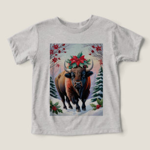 Bisonte de Navidad con grandes cuernos nieve y poi