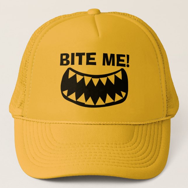 Bite Me hace gracioso sombrero de camionero amaril (Anverso)