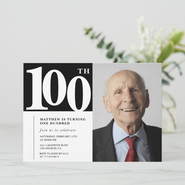 Black 100 cumpleaños invitaciones Moda moderna Fot (Anverso de pie)