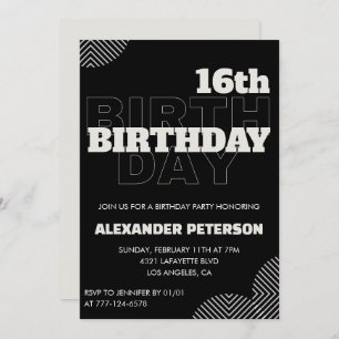 Black 16th cumpleaños invitaciones Hombres Fiesta