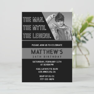 Black 16th cumpleaños invitaciones The Man The Leg