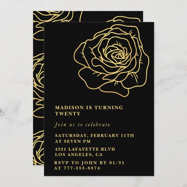 Black 20 invitaciones de cumpleaños Gold Floral (Anverso / Reverso)