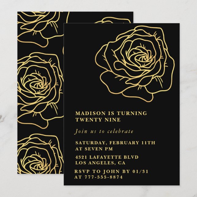 Black 29th cumpleaños invitaciones Gold Floral (Anverso / Reverso)