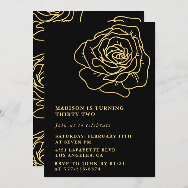 Black 32 cumpleaños invitaciones Gold Floral (Anverso / Reverso)
