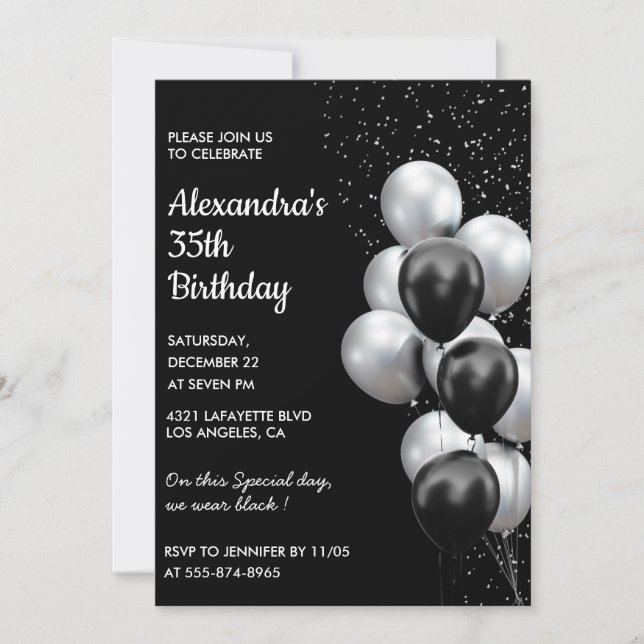 Black 35th cumpleaños invitaciones Globos Plata (Anverso)