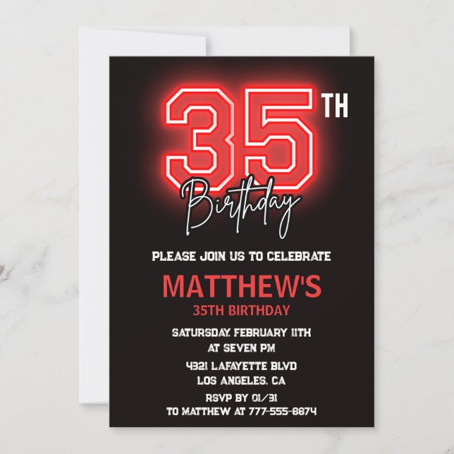 Black 35th cumpleaños invitaciones Hombres Neon (Anverso)