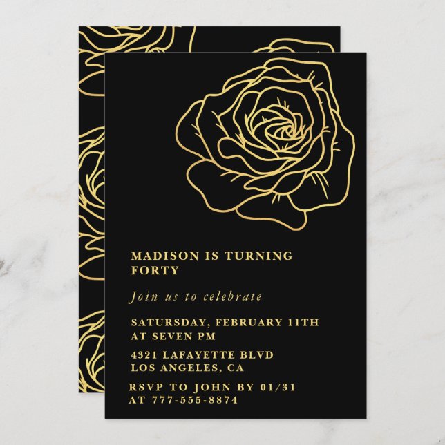 Black 40th cumpleaños invitaciones Gold Flowers (Anverso / Reverso)