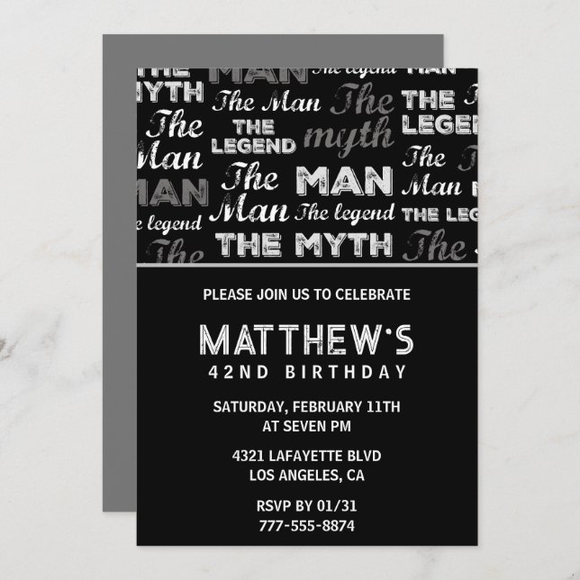 Black 42nd cumpleaños invitación para él Myth Lege (Anverso / Reverso)