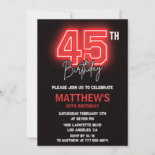 Black 45th cumpleaños invitaciones Hombres Neon (Anverso)