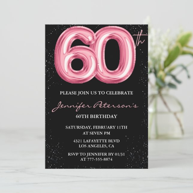 Black 60 cumpleaños invitaciones Globo Glam Pink (Anverso de pie)