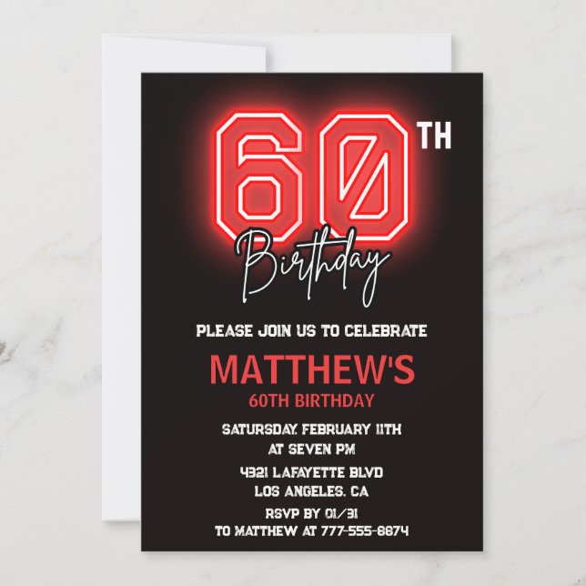 Black 60 cumpleaños invitaciones Hombres Neon (Anverso)