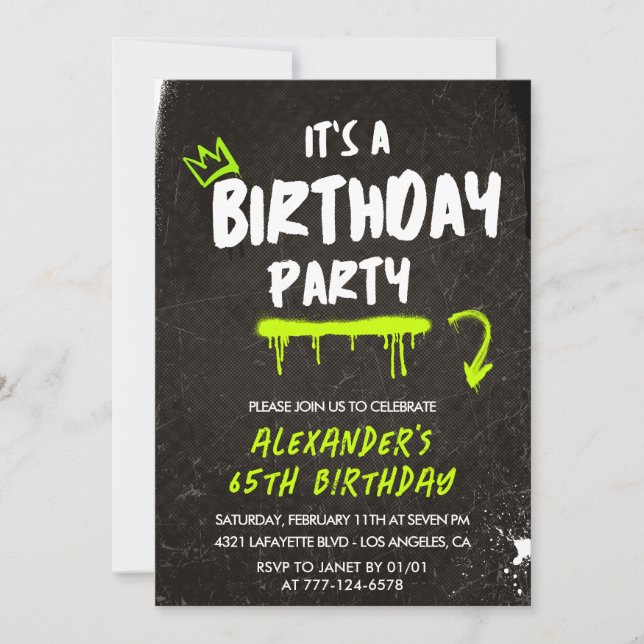 Black 65th cumpleaños invitaciones Hombres Graffit (Anverso)